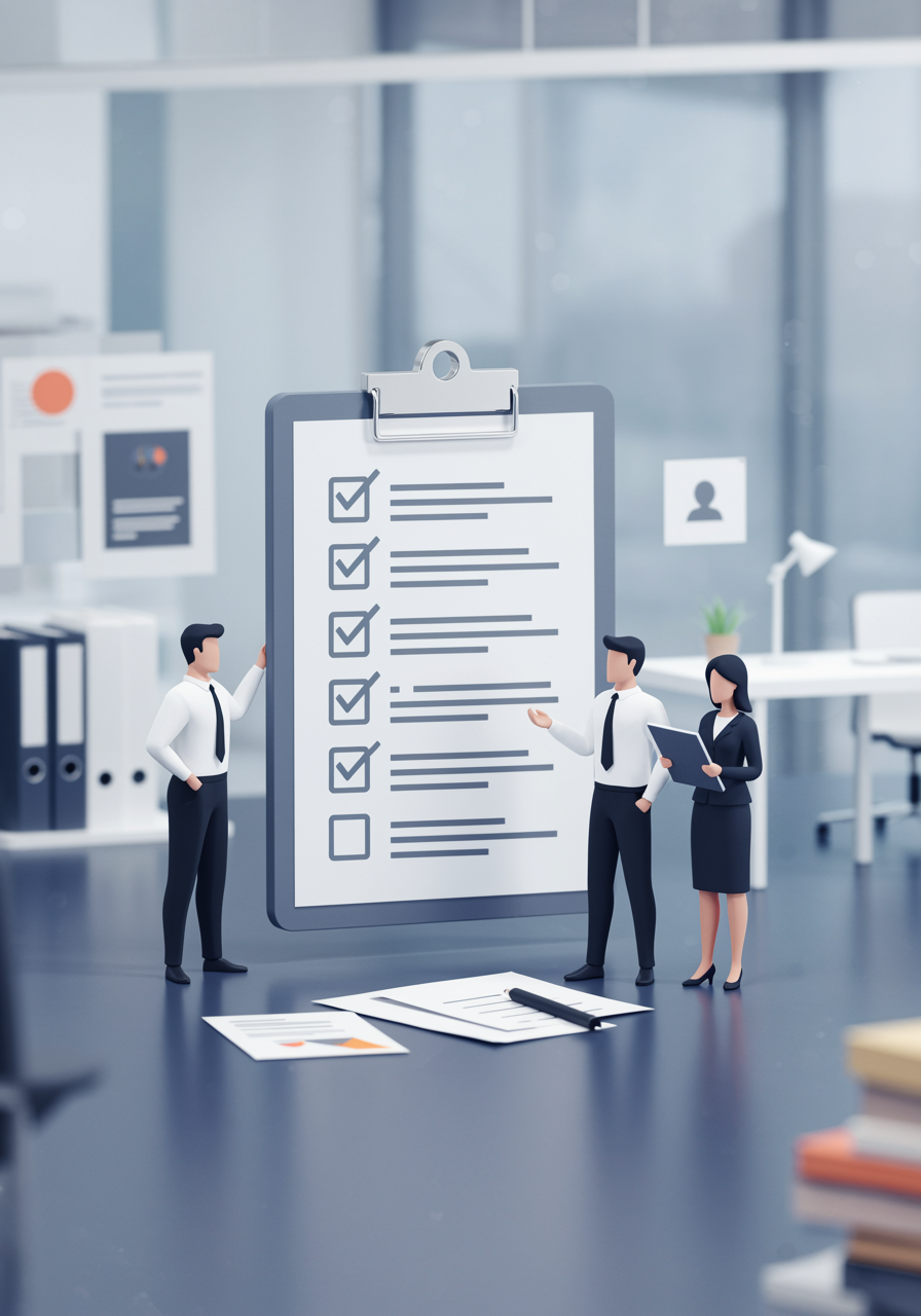 "Ilustración vectorial de consultores de negocios blancos junto a un icono de clipboard con lista de verificación, representando servicios de 'Gestión de Capacitación' en un entorno corporativo."