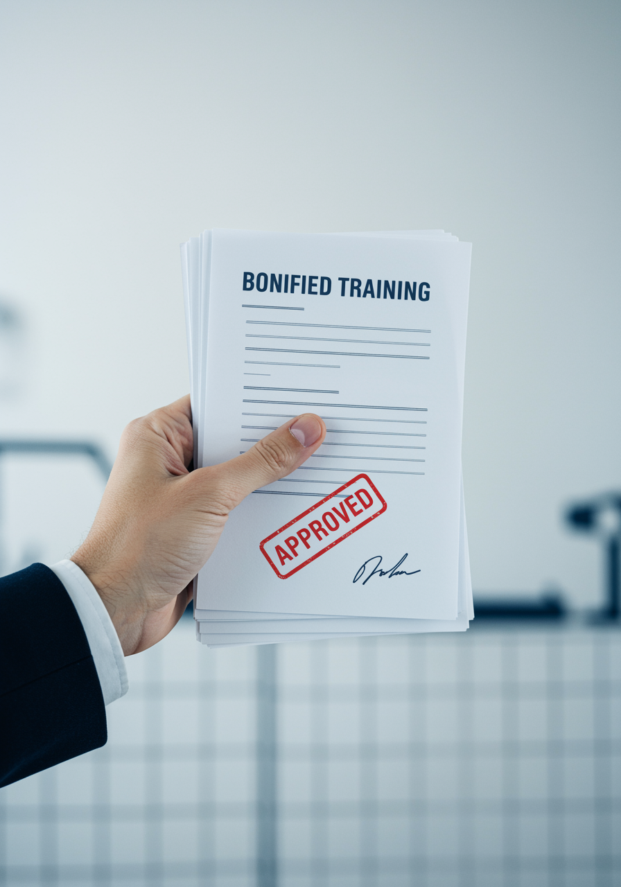 "Icono ilustrativo de 'Bonified Training' con documentos oficiales aprobados en rojo, sostenidos por una mano profesional sobre fondo claro."