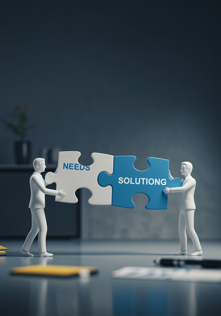 "Gráfico moderno que muestra a dos profesionales de negocios encajando piezas de rompecabezas etiquetadas como 'Necesidades' y 'Soluciones' para representar el entrenamiento personalizado."