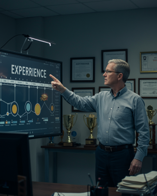 "Instructor experimentado señala una línea de tiempo de logros en un panel digital, rodeado de certificados y trofeos, reflejando el valor de la experiencia en un entorno profesional."