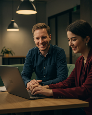 "Ilustración fotorrealista de un mentor blanco sonriendo junto a un aprendiz en una oficina contemporánea, mostrando métricas de progreso en un laptop, destacando la importancia del apoyo y la colaboración."